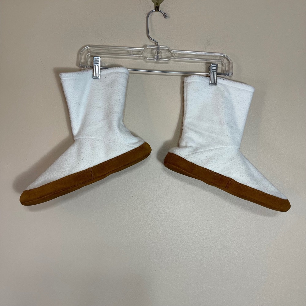 Lands End White Fleece Slipper Boots Tan Faux Suede Sole Mens XL 10.5-11.5